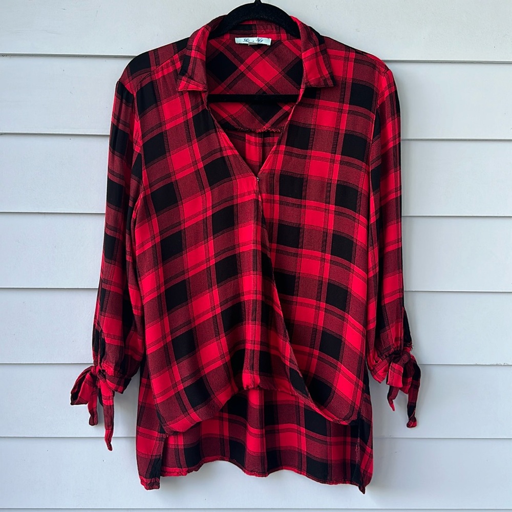 ☀️BOGO Item She + Sky Red and Black Plaid Wrap Front Blouse with Collar☀️